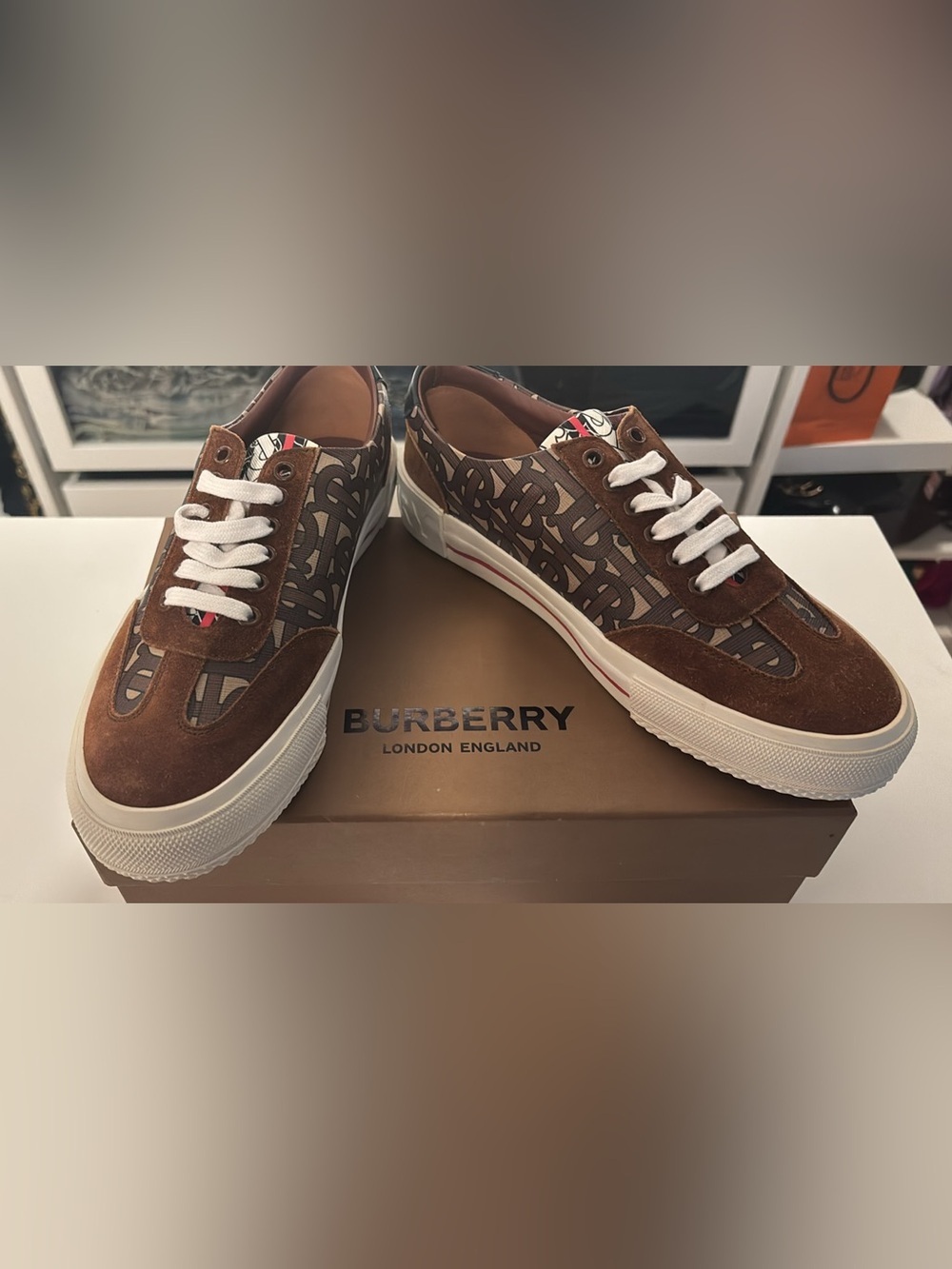 Burberry Brown Monogram Canvas & Suede Low-Top Sneakers with White Soles